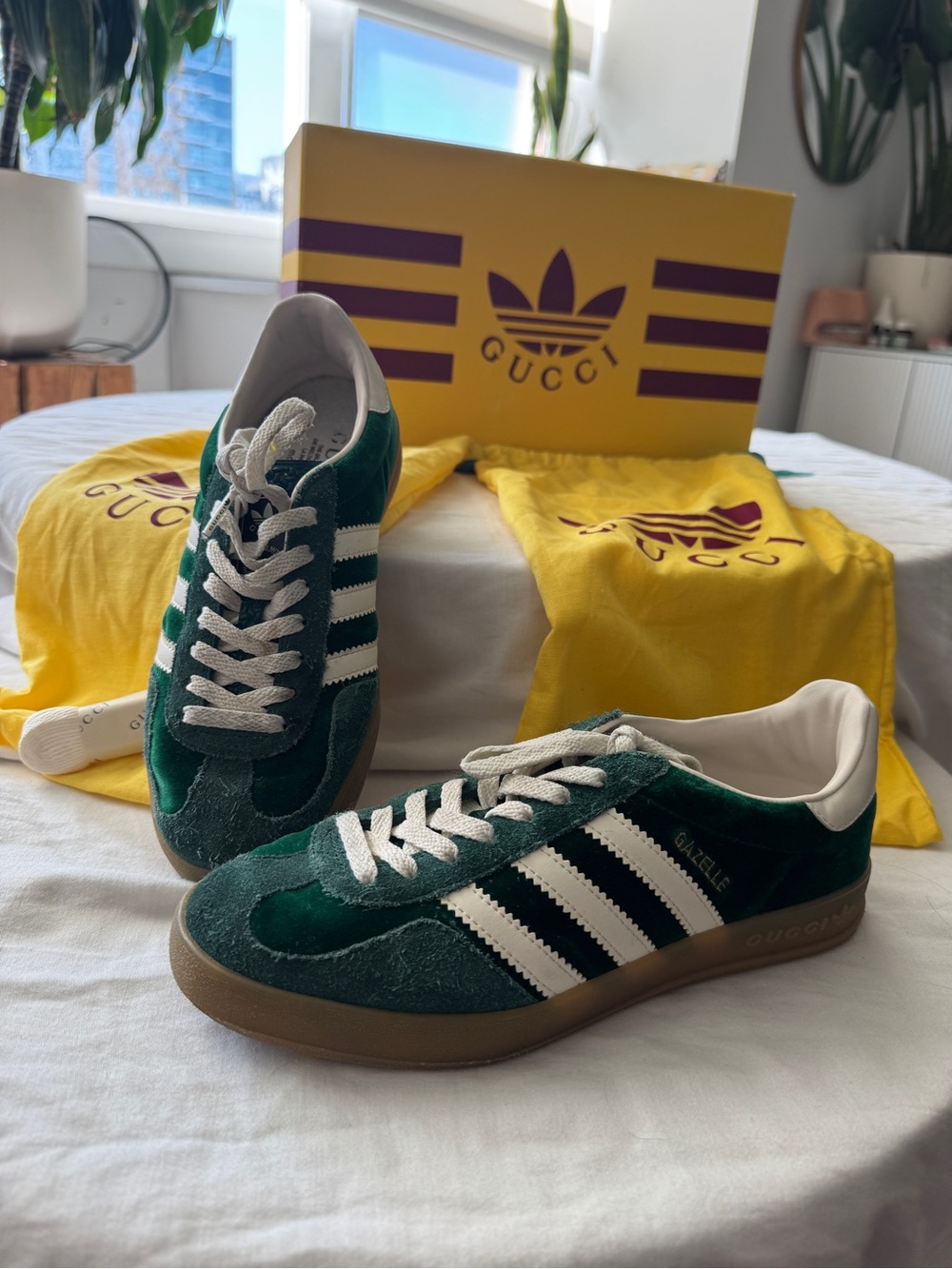 Gucci x Addidas Gazelle Green Suede Sneakers with White Stripes